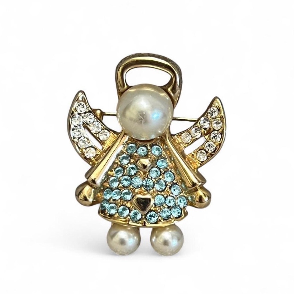 Vintage Cookie Lee Angel Brooch Gold Rhinestone Pin